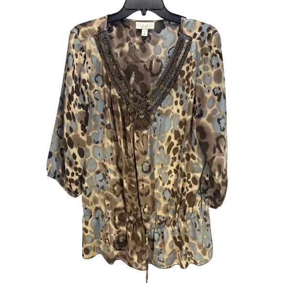 Dressbarn Plus Size 1X Embellished Sheer Animal Print Blouse Chiffon Tunic Top - Picture 2 of 7